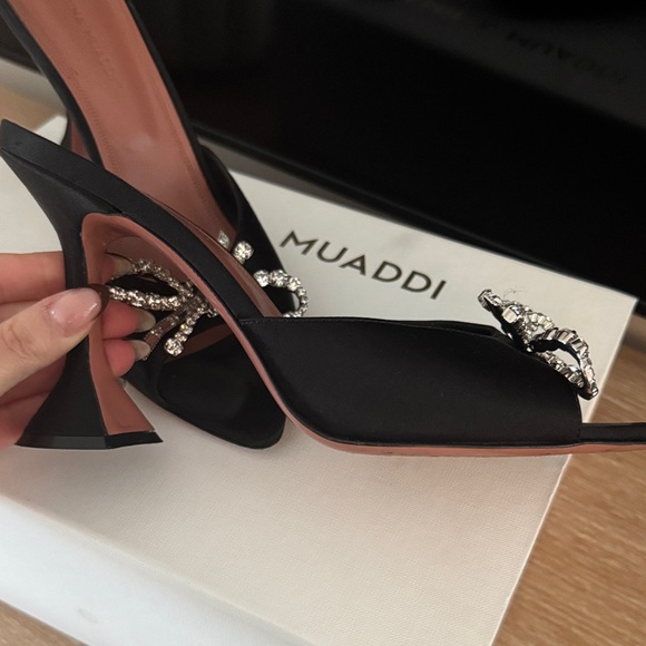 Amina Muaddi Black Heels with Crystal Bow - Picture 2 of 8